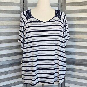 Lace Trim Short Sleeve Stripe Top | 89th & Madison | 3X